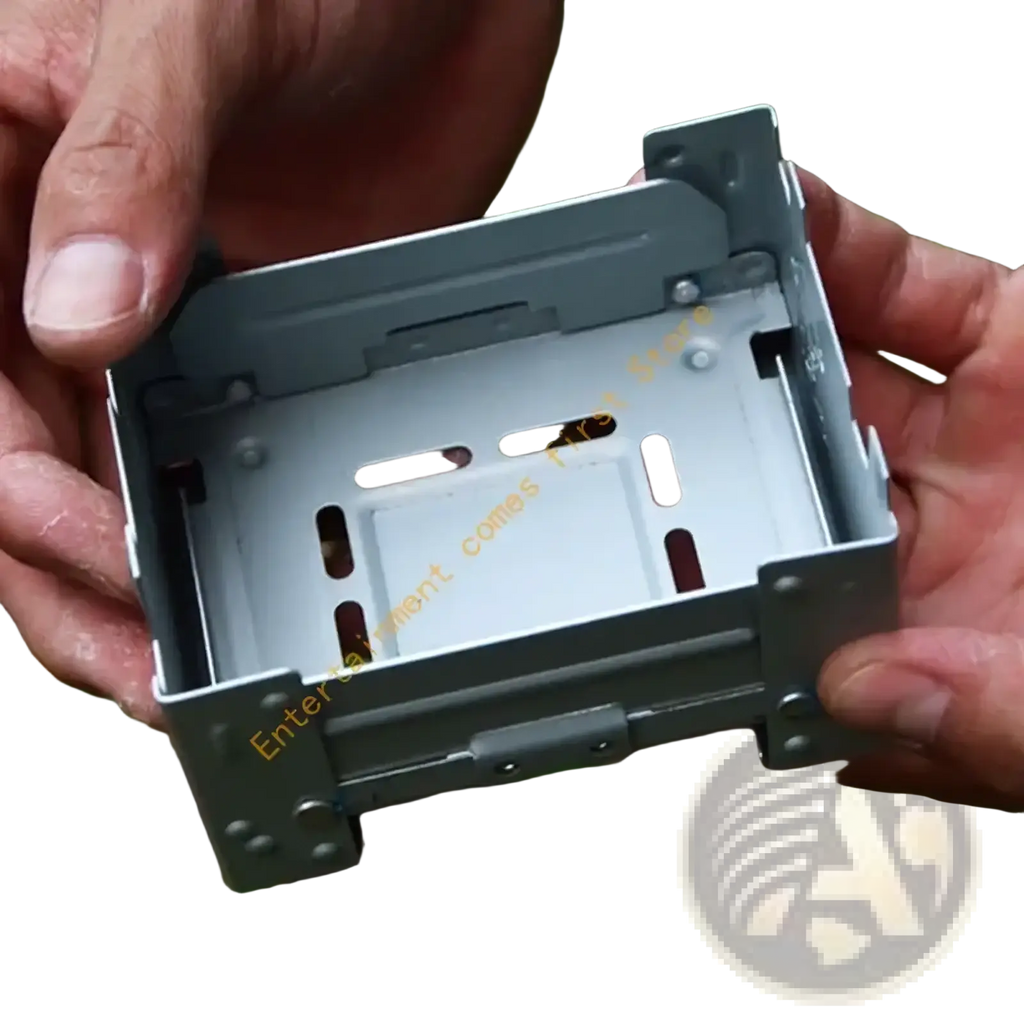 Gray metal car stereo mounting bracket with a rectangular open-frame design and multiple screw holes for secure installation