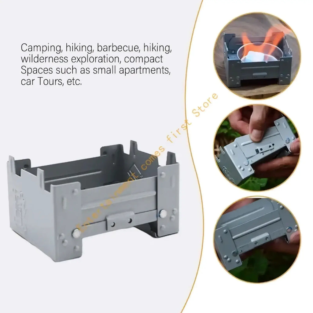 Gray foldable aluminum camping stove with compact rectangular design for hiking and outdoor use