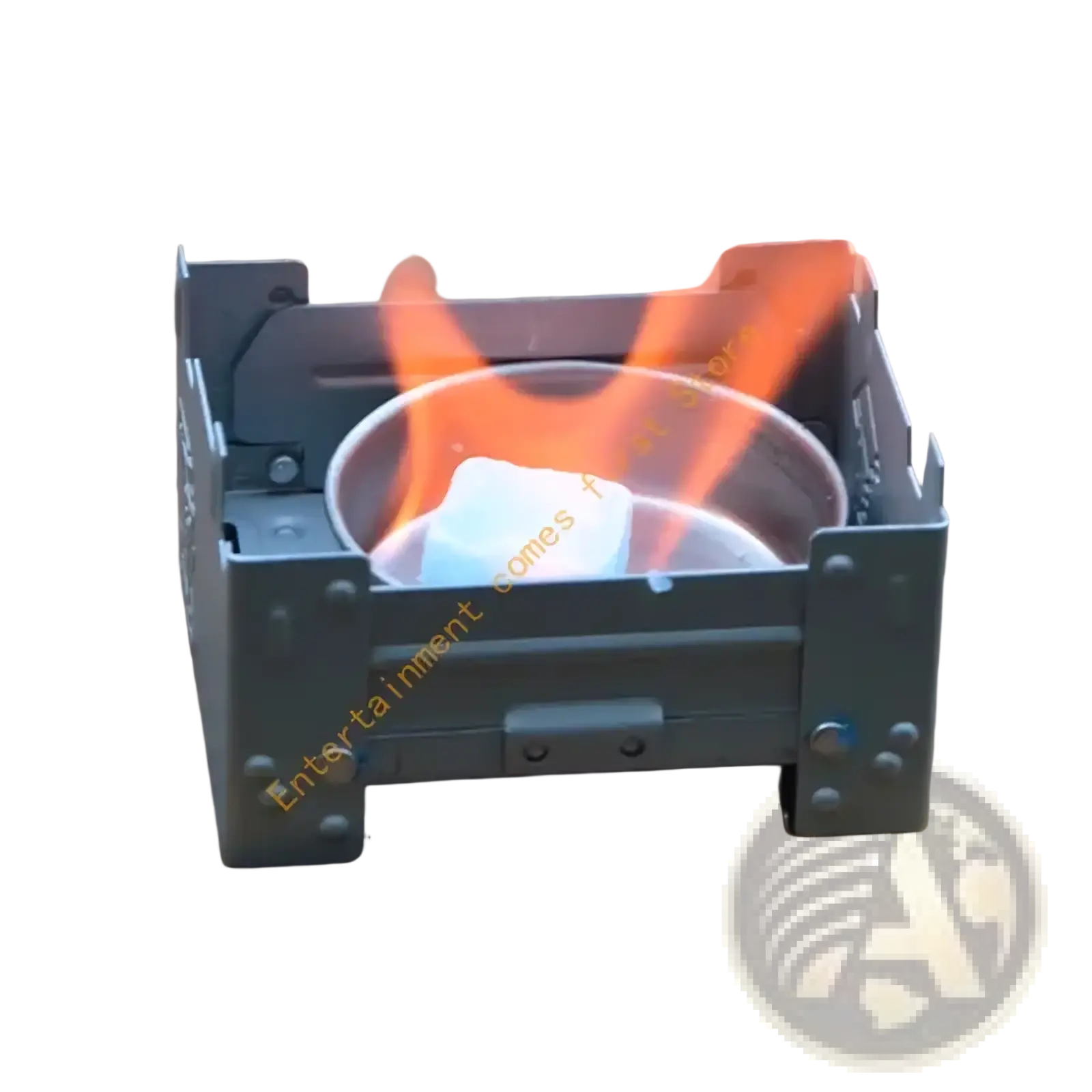 Gray foldable metal camping stove with compact design and orange flames heating a glass bowl of ice for hiking use