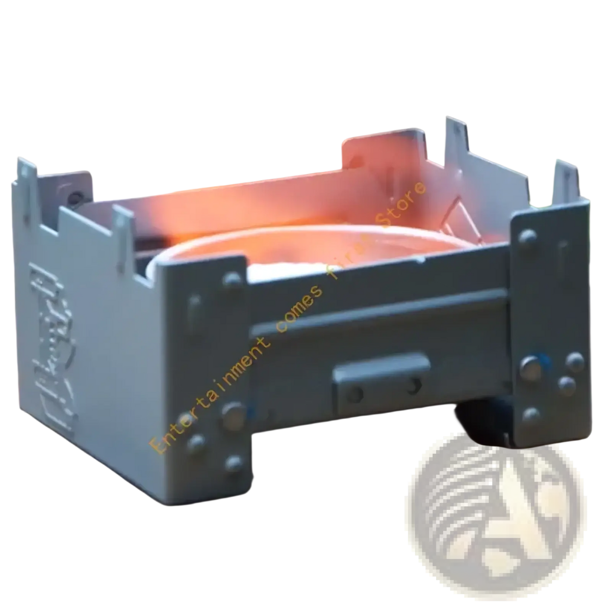 Gray metallic folding camping stove with rectangular foldable design and rivets compact metal hiking burner