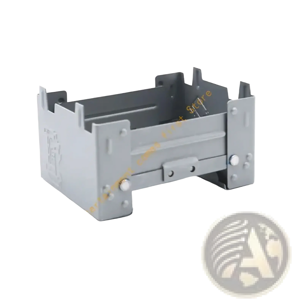 Gray metallic folding camp stove with compact rectangular design and reinforced corners for camping use