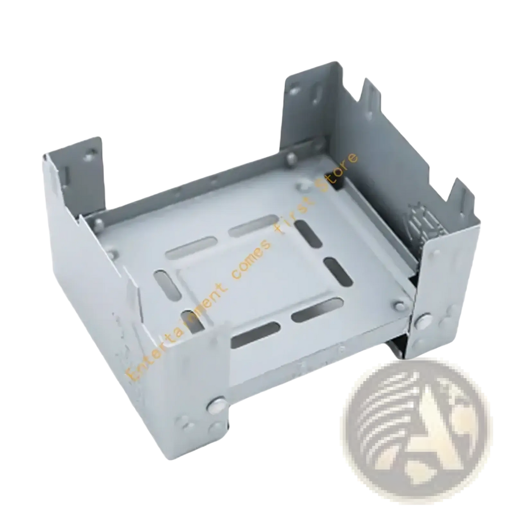 Silver foldable metal camping stove with compact rectangular design and ventilation slots for hiking use