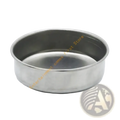 Circular stainless steel baking pan with smooth reflective surface and raised rim for folding camping stove burner