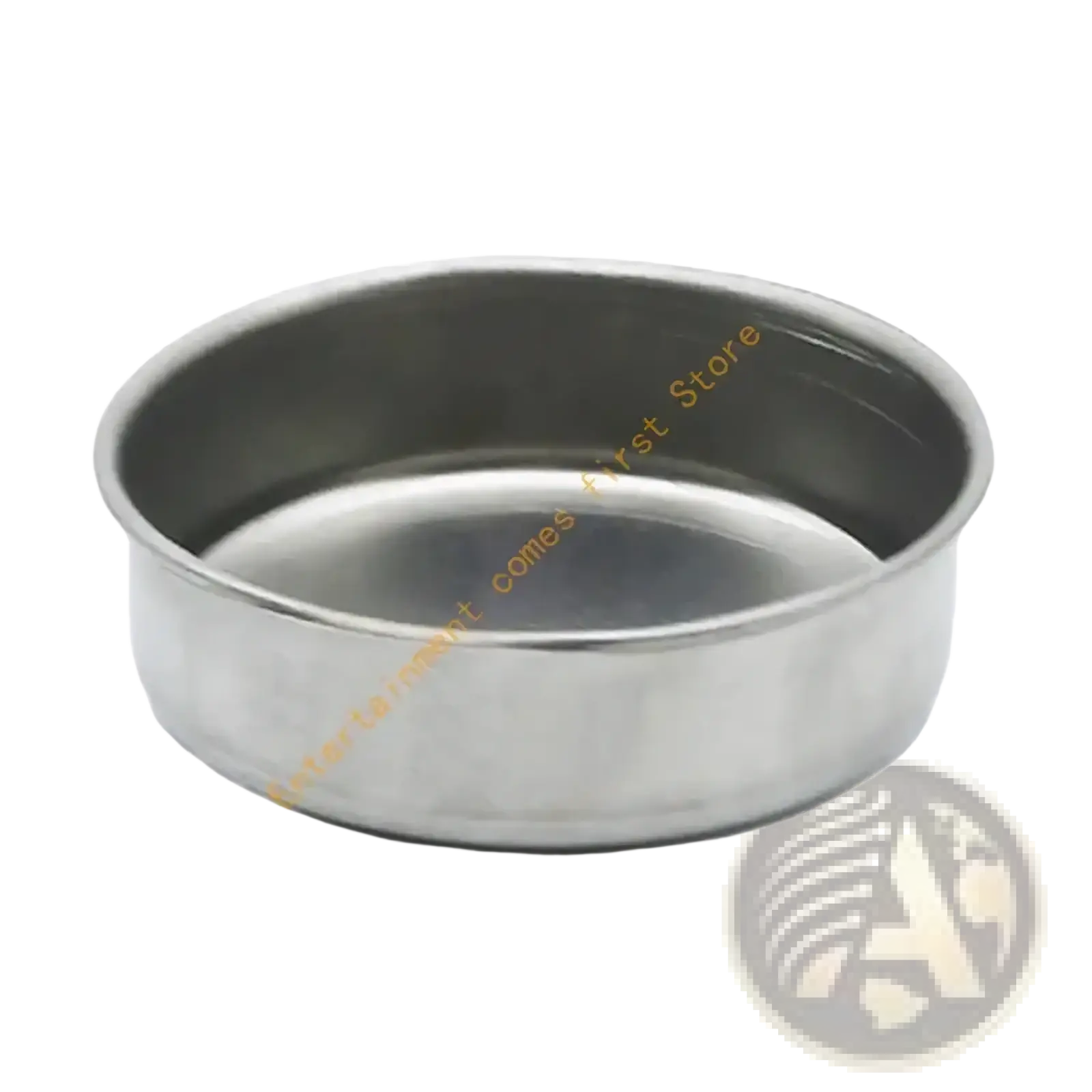 Circular stainless steel baking pan with smooth reflective surface and raised rim for folding camping stove burner