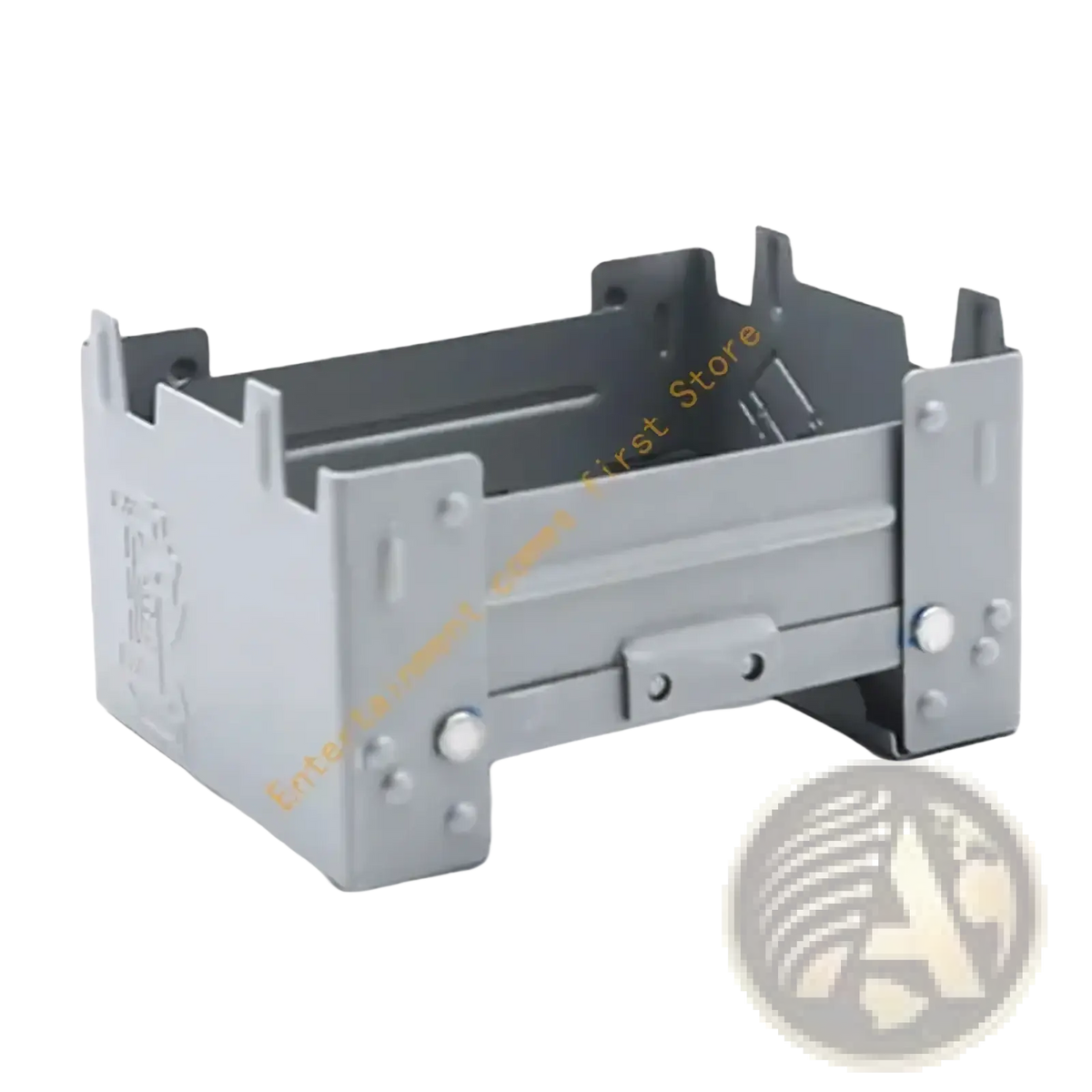 Gray metallic folding camping stove with compact foldable design and visible rivets for hiking and outdoor use