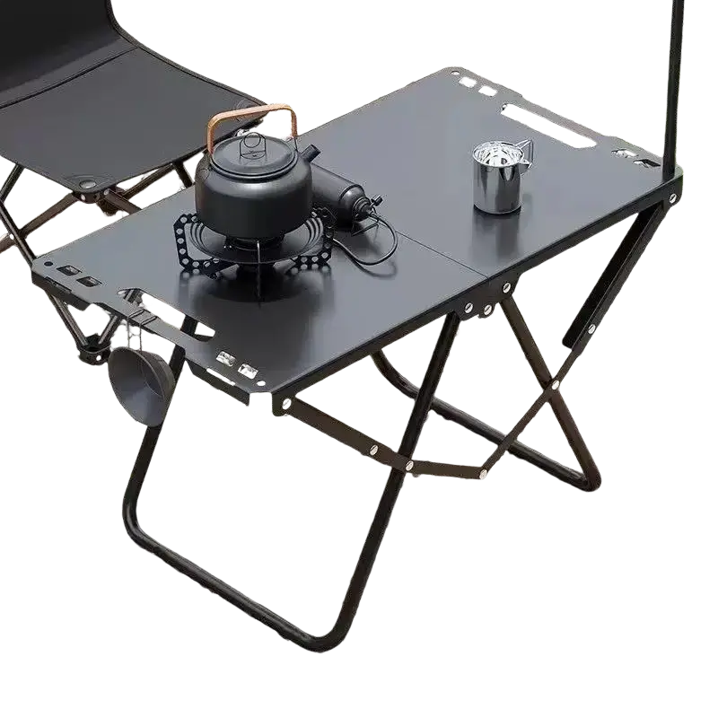 Black foldable camping table with metal frame and integrated side handles for portability made in mainland china