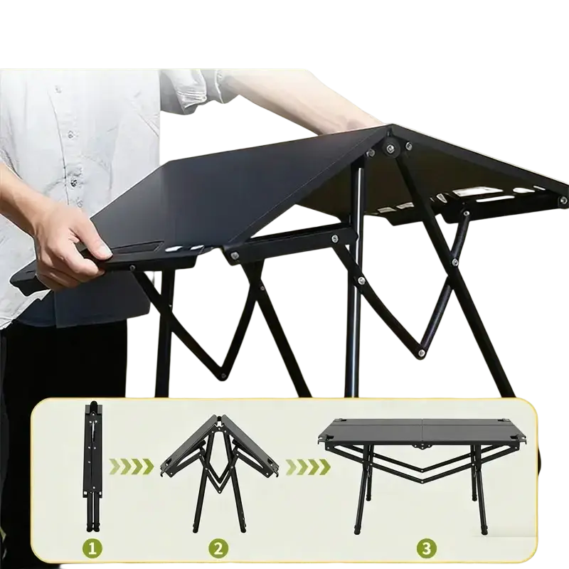 Black foldable camping table with sturdy metal frame and minimalist design made in mainland china for outdoor use