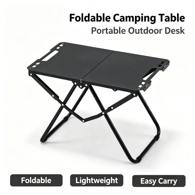 Black foldable camping table with metal frame and sleek portable design made in mainland china for outdoor use