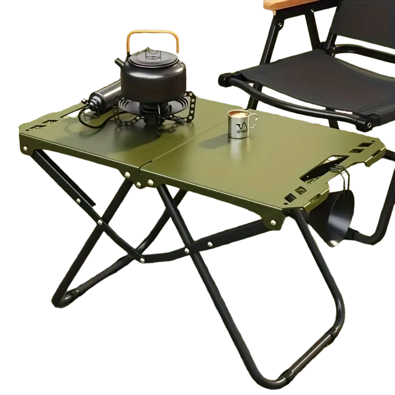 Olive green foldable camping table with black metal legs and reinforced corners made in mainland china china mainland china