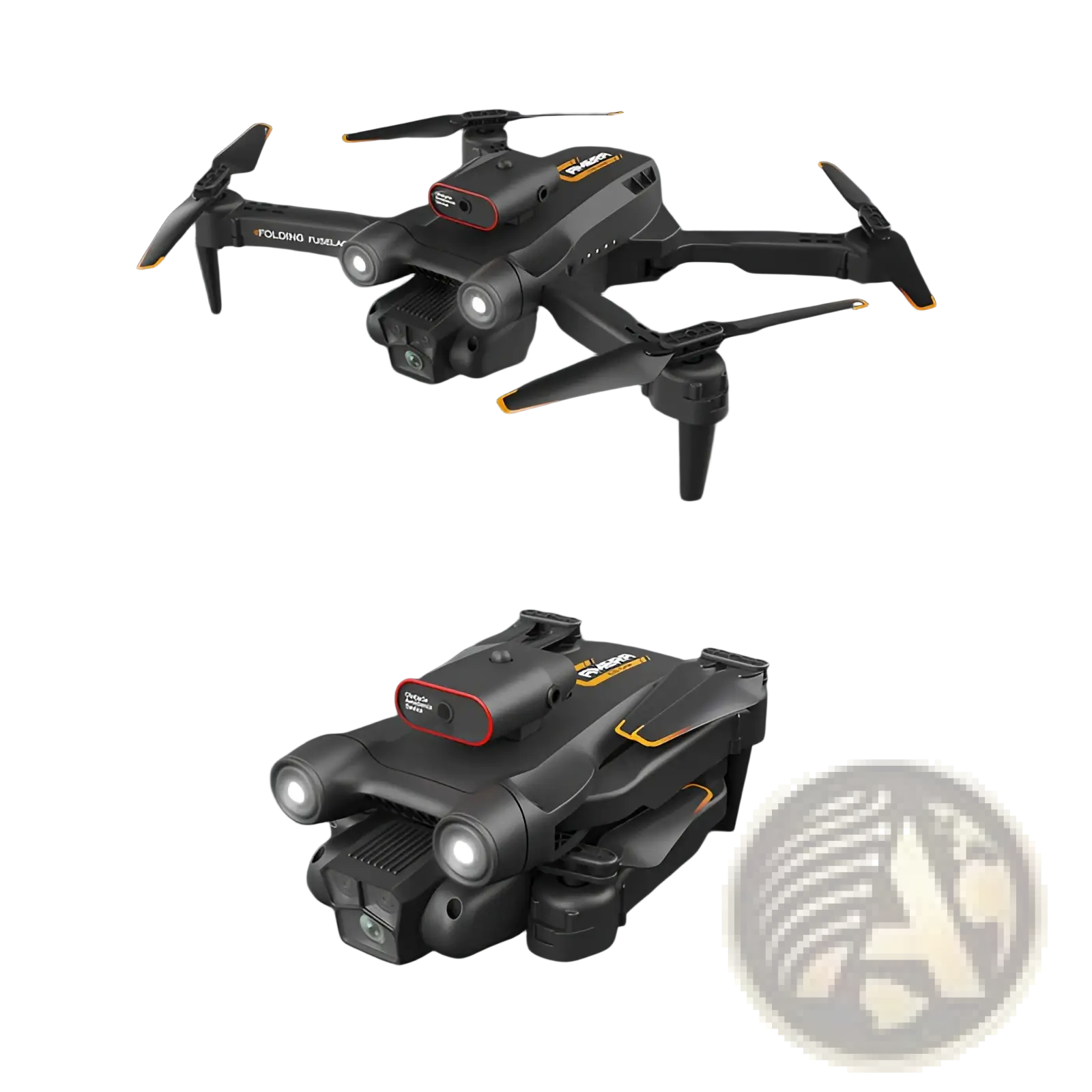 Folding drone with camera black and orange quadcopter featuring a compact foldable design for easy portability