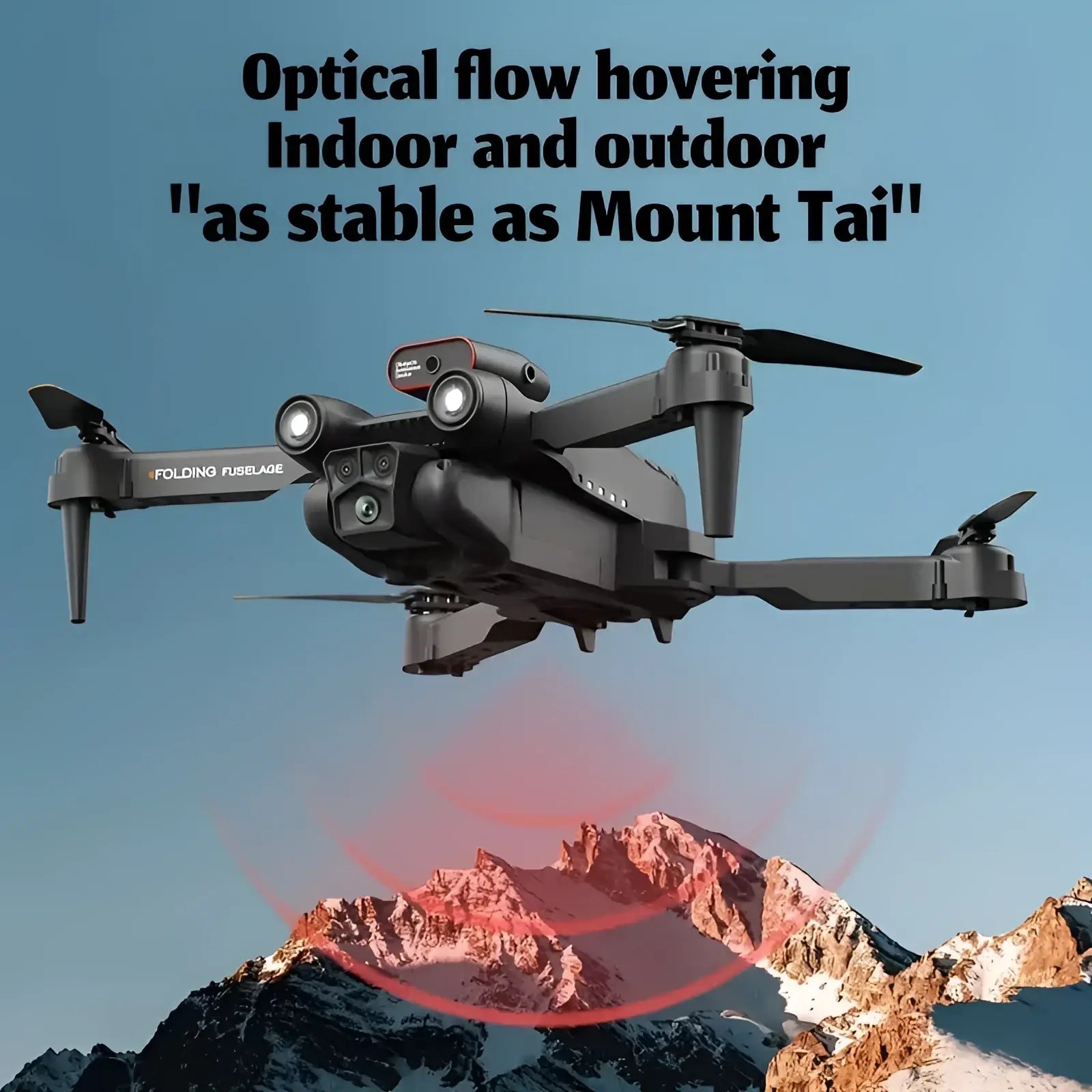 Black and orange folding drone quadcopter with optical flow hovering technology and multiple cameras visible from back side
