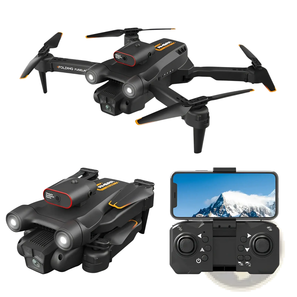 Black and orange folding drone with integrated camera and lights shown from the back side in quadcopter design