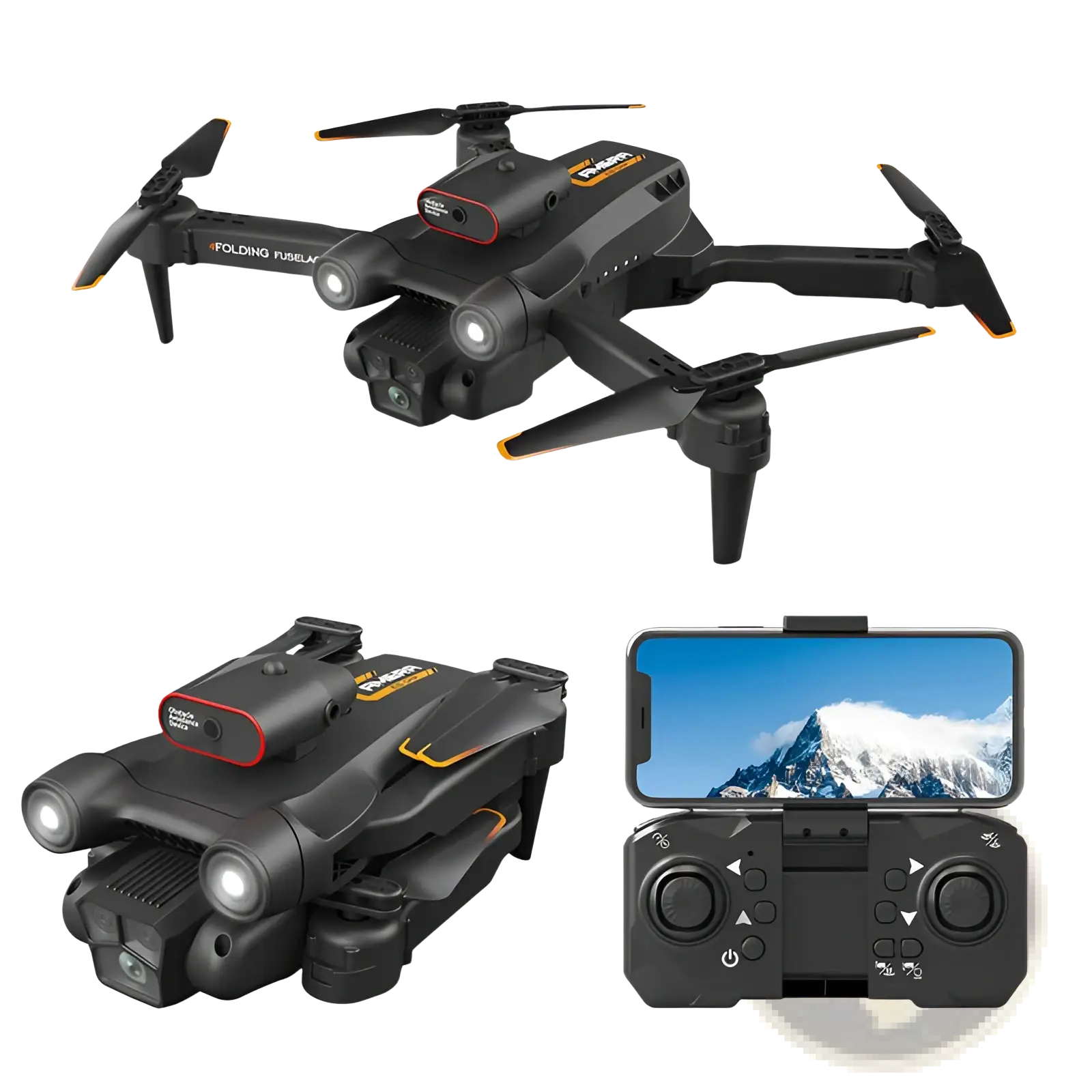 Black and orange folding drone with integrated camera and lights shown from the back side in quadcopter design