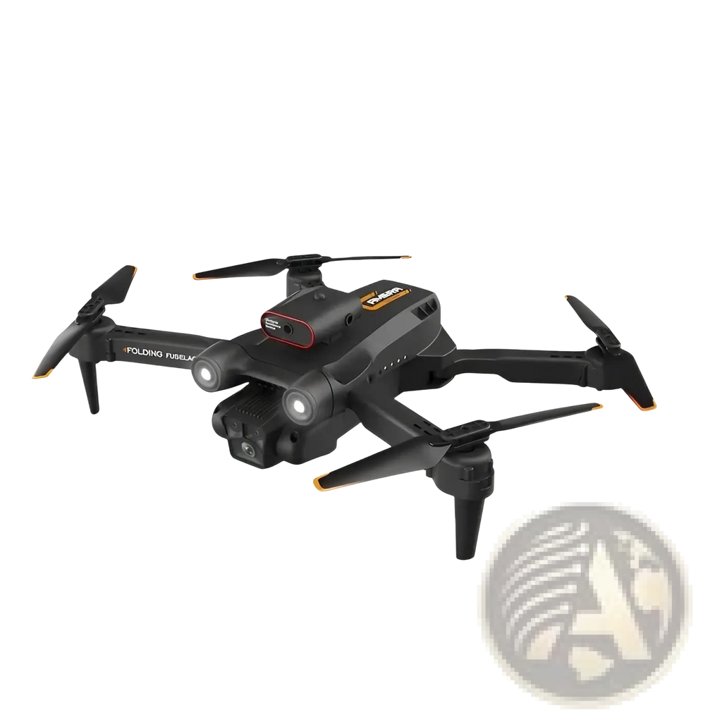 Folding drone with camera black and orange quadcopter featuring a mounted camera and compact foldable design