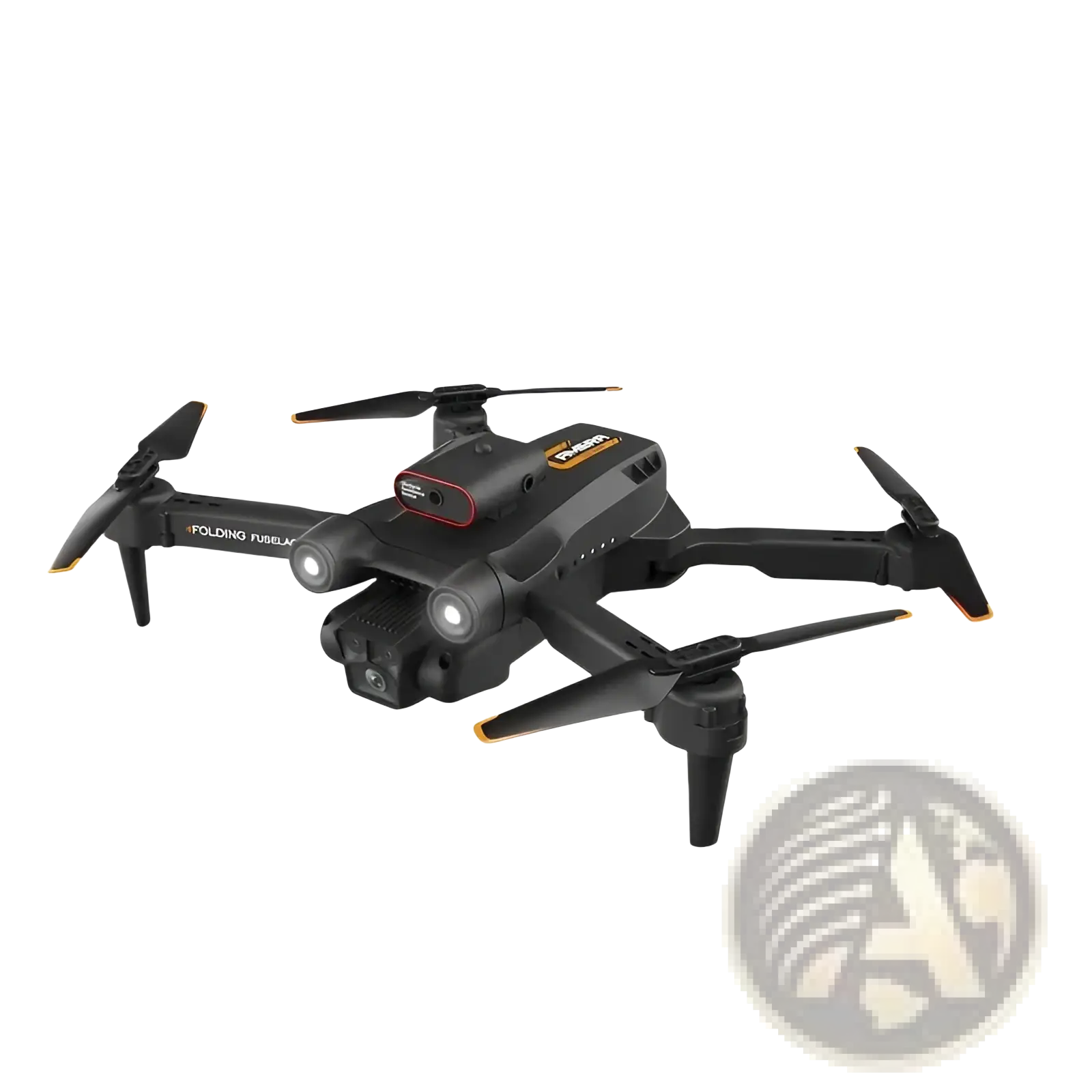 Folding drone with camera black and orange quadcopter featuring a mounted camera and compact foldable design