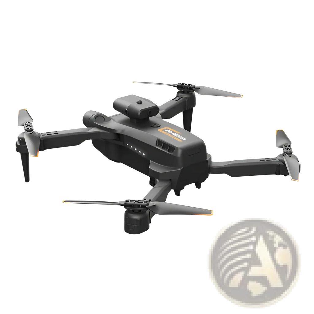 Black and orange folding drone with camera mounted on top and quadcopter design for aerial photography and videography
