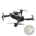 Black and orange folding drone with camera mounted on top and quadcopter design for aerial photography and videography