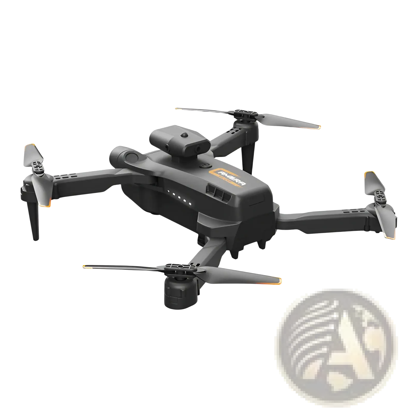 Black and orange folding drone with camera mounted on top and quadcopter design for aerial photography and videography