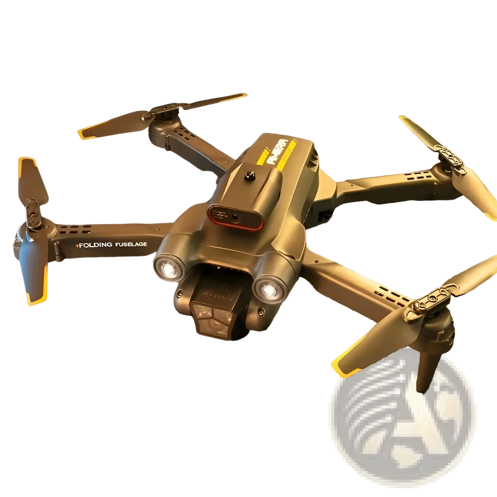 Gray and yellow folding drone with front-mounted camera in black and orange quadcopter design for aerial photography