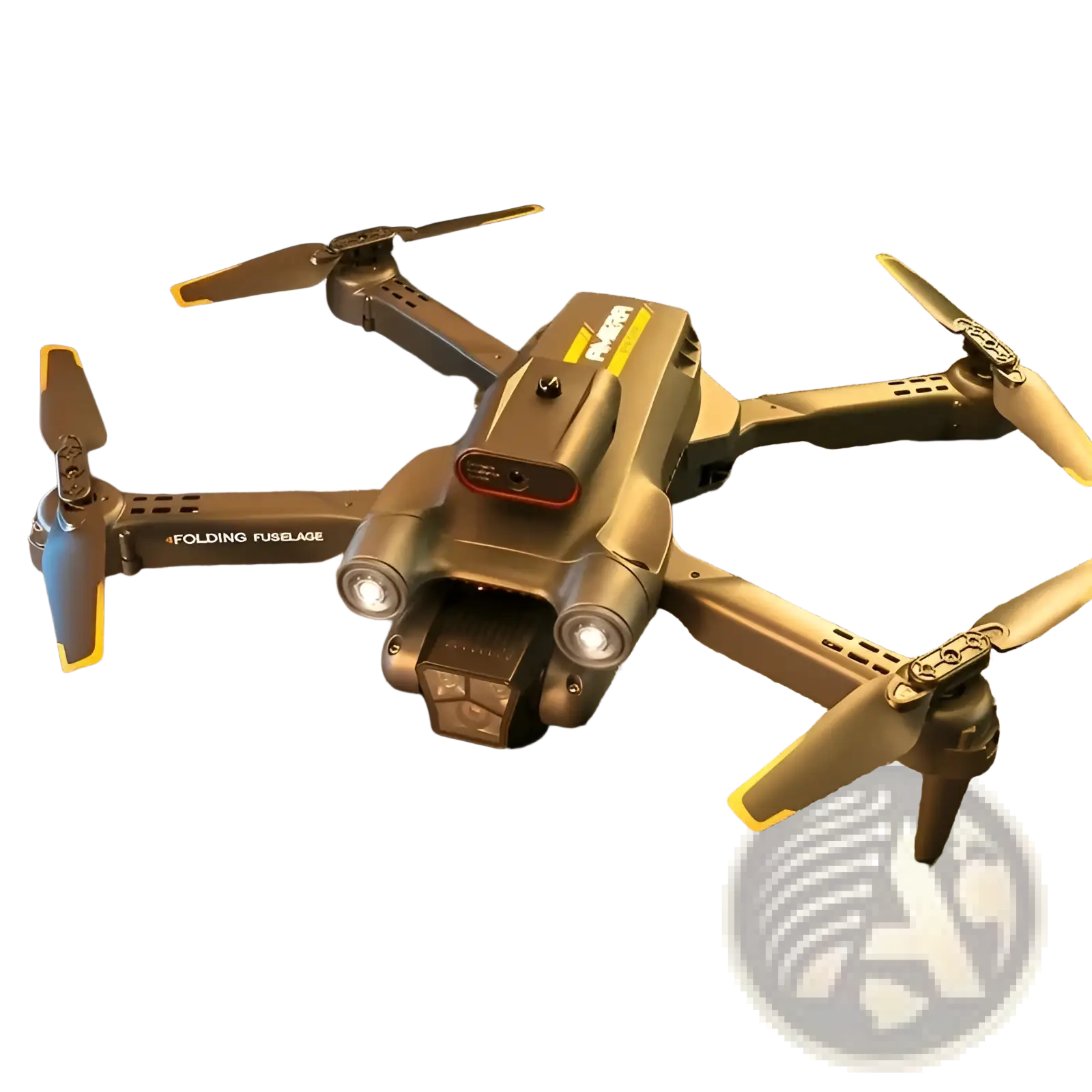 Gray and yellow folding drone with front-mounted camera in black and orange quadcopter design for aerial photography