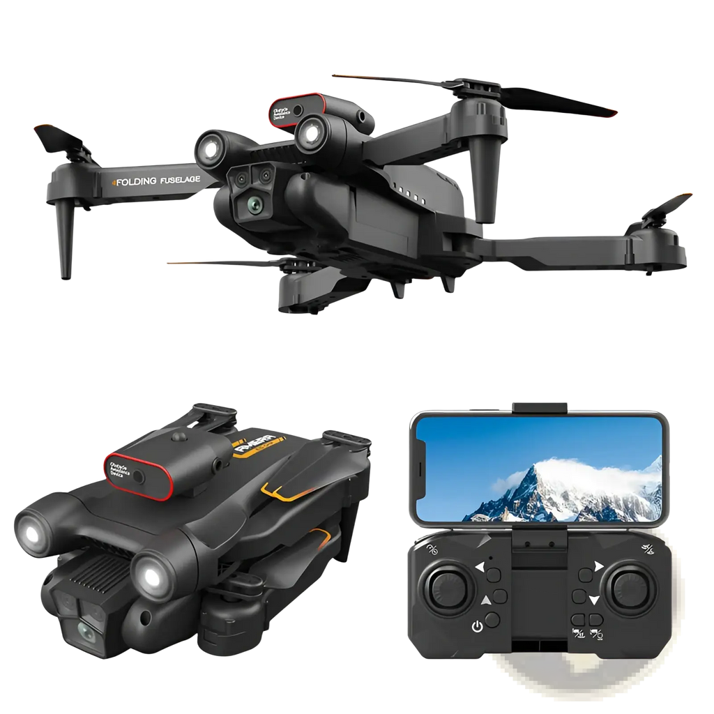 Black folding drone with red accents and integrated camera system for aerial photography and video capture