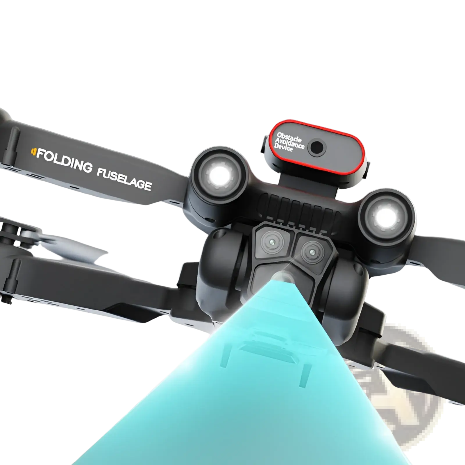Black folding drone with camera featuring red obstacle avoidance and dual front-facing lights in black and orange design
