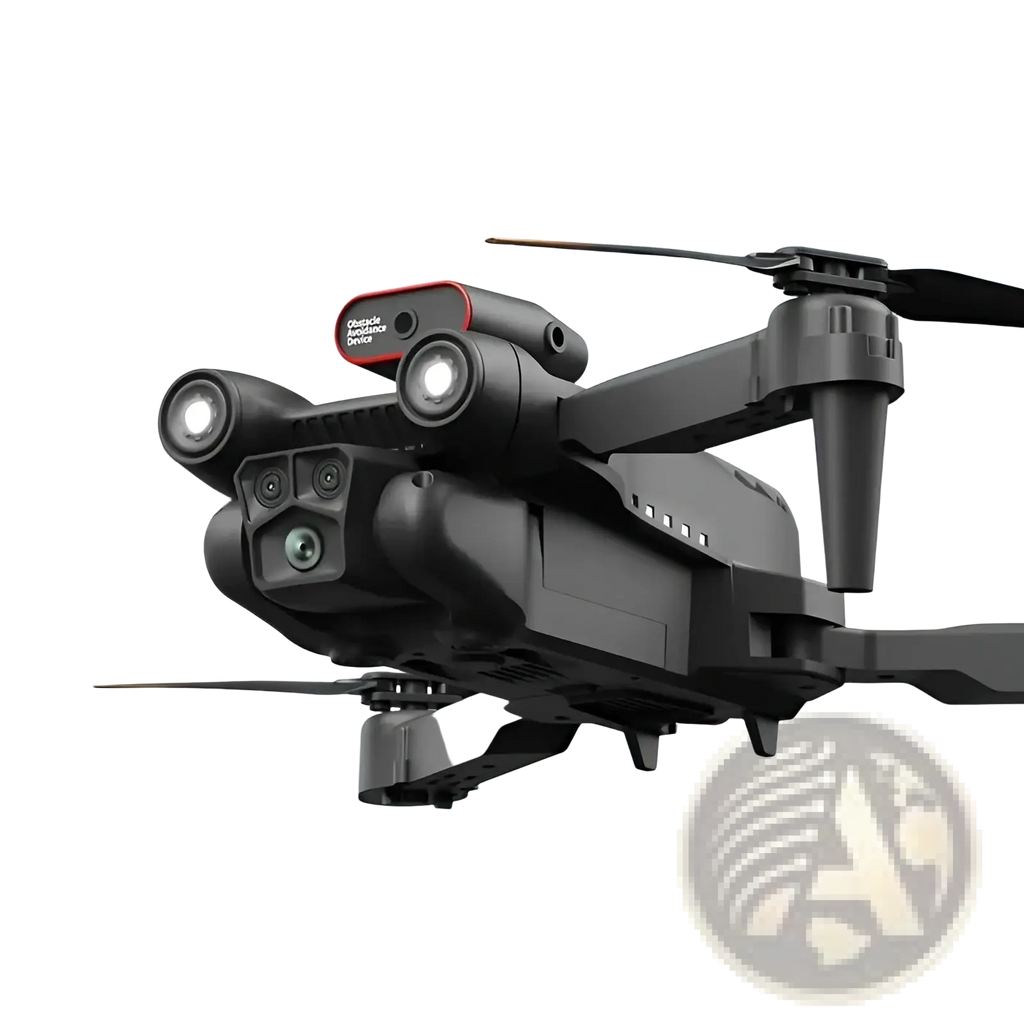 Black and orange folding drone quadcopter with front-facing camera and remote control lens for aerial photography