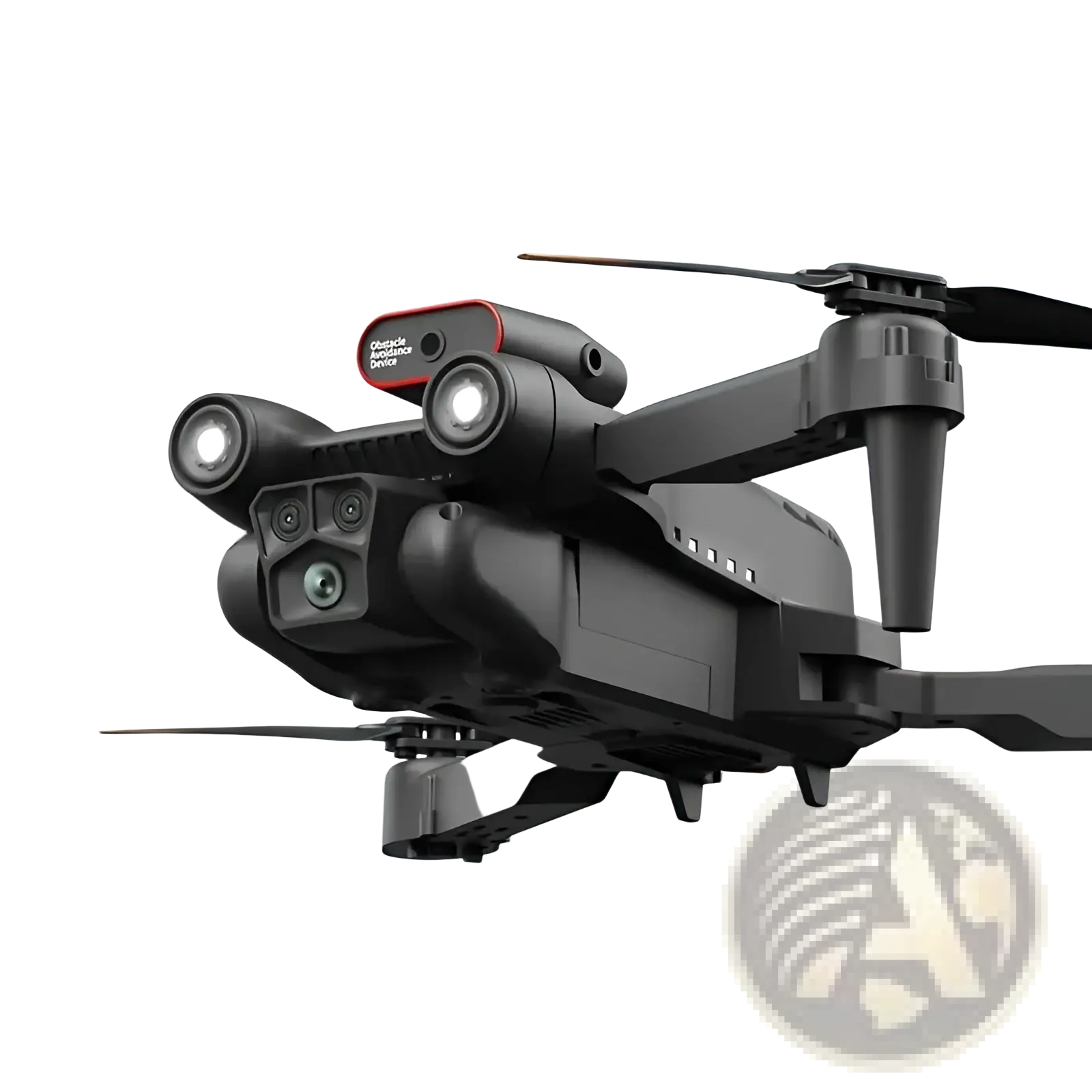 Black and orange folding drone quadcopter with front-facing camera and remote control lens for aerial photography