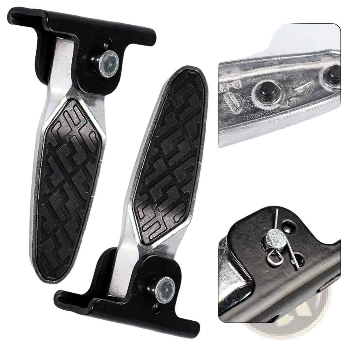 Black and chrome folding electric scooter foot pegs with textured rubber grips in a pair for comfortable riding
