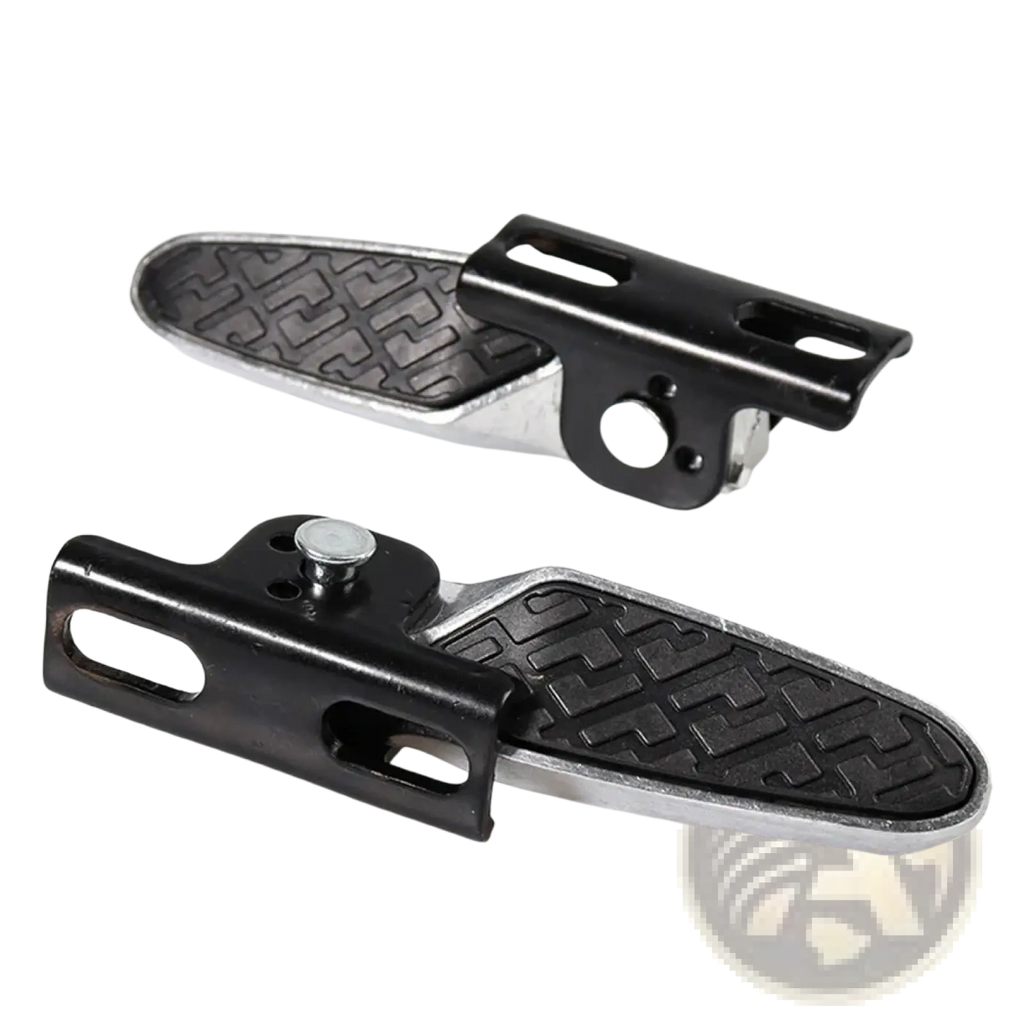 Folding electric scooter foot pegs 1 pair in black and silver with textured rubber grips shown from the back side