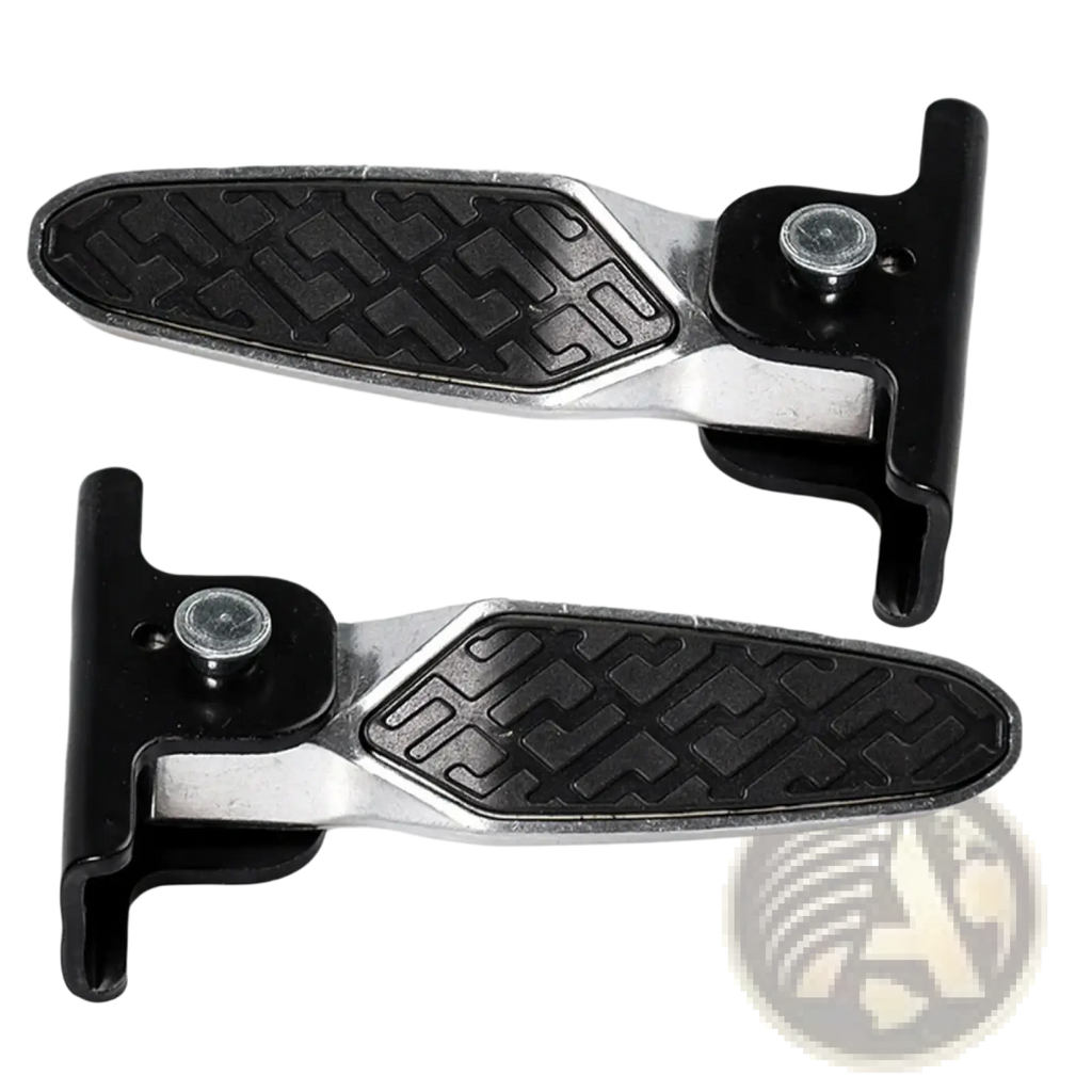 Folding electric scooter foot pegs pair in black and silver with textured rubber grips for enhanced rider comfort
