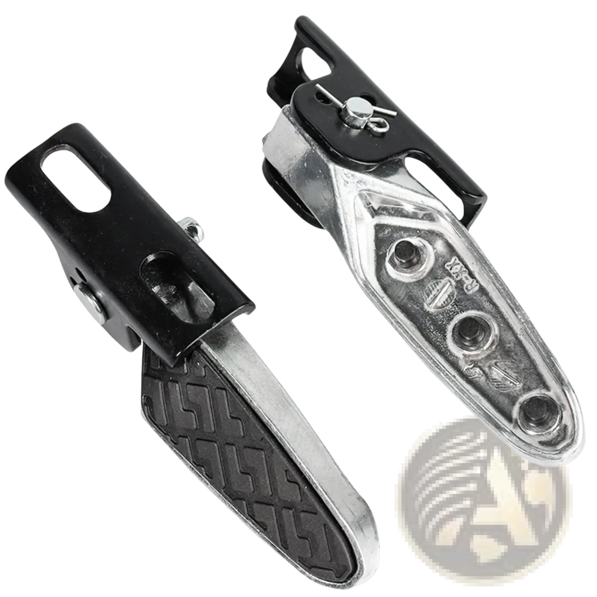 Black and silver folding electric scooter foot pegs with textured rubber grips shown from the back side