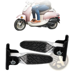 Silver and black folding electric scooter foot pegs with textured rubber grips for enhanced rider comfort and stability