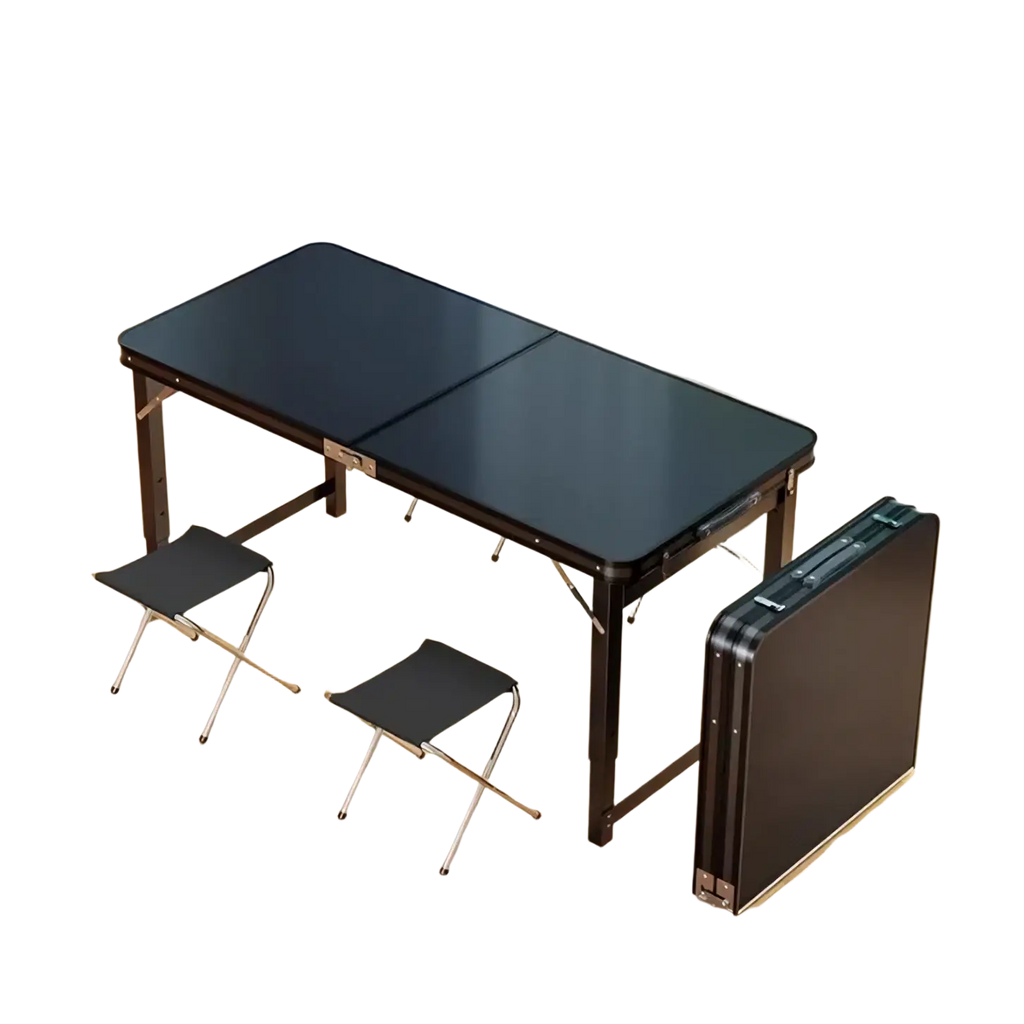 Black folding picnic table with adjustable height and matching stools in carrying case for outdoor camping use