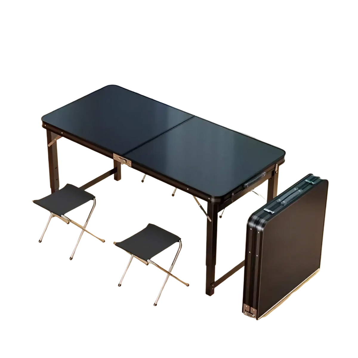 Black folding picnic table with adjustable height and matching stools in carrying case for outdoor camping use