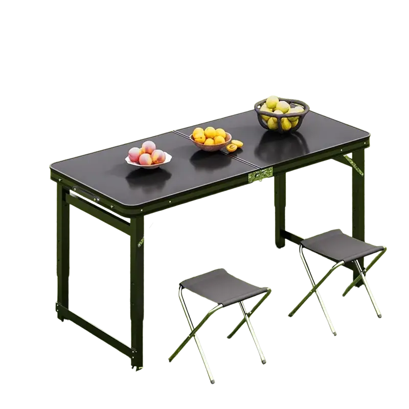 Black folding picnic table with adjustable height and matching folding stools for outdoor camping use