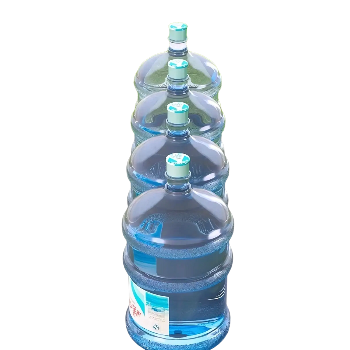 Four transparent plastic water jugs with blue caps on a black folding picnic table with adjustable height outdoors