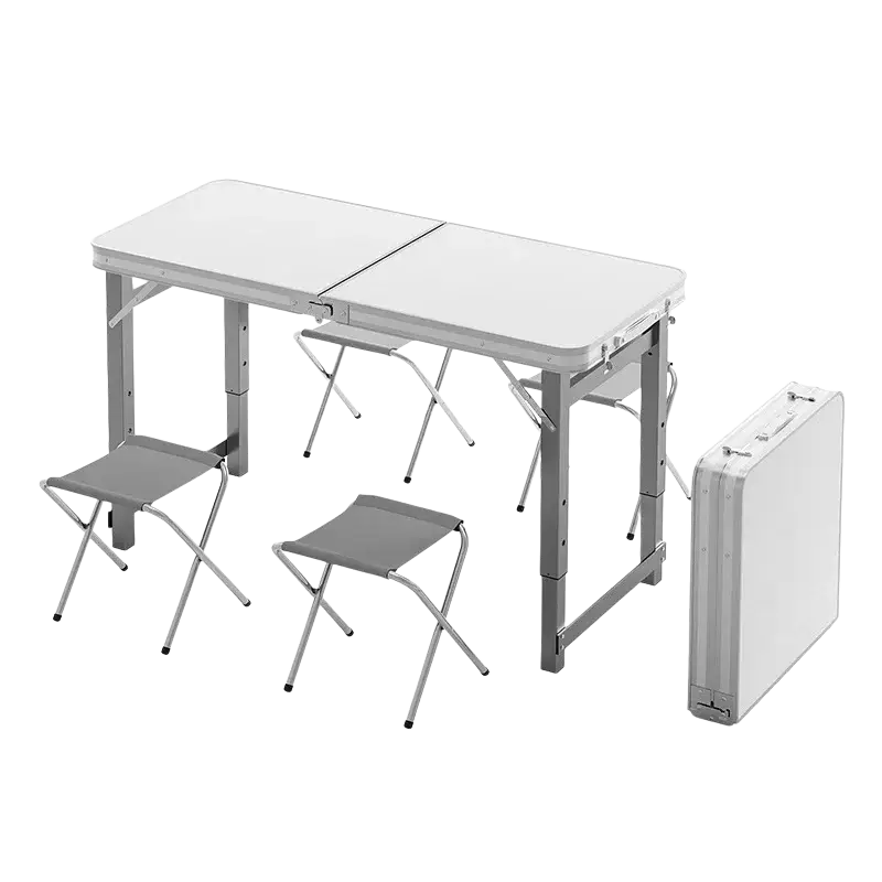 Silver folding picnic table with white tabletop and gray fabric stools designed for portable outdoor camping use