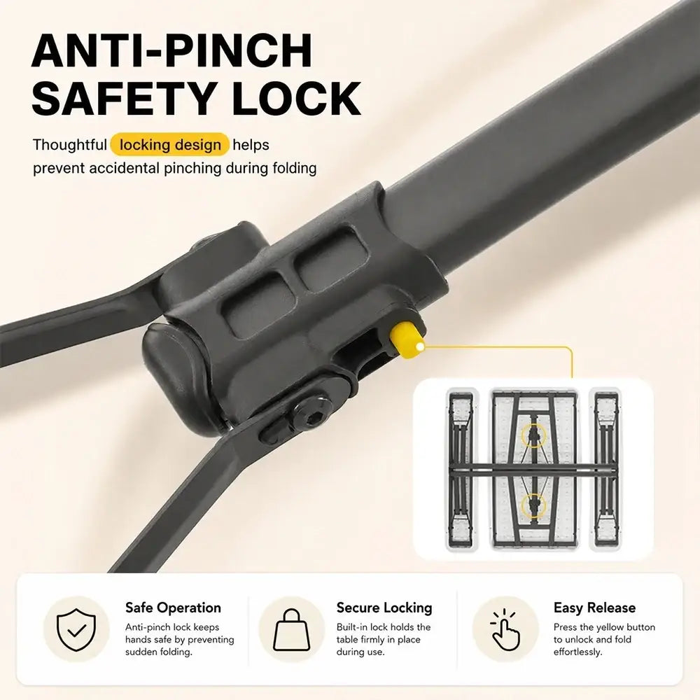 Black anti-pinch safety lock with yellow release button for secure folding of white foldable picnic table with benches