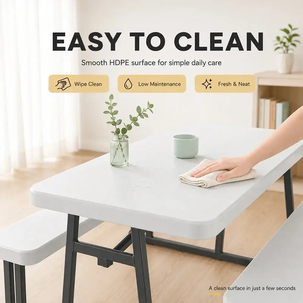 Folding picnic table with benches white featuring a smooth easy-to-clean white HDPE surface and black metal legs