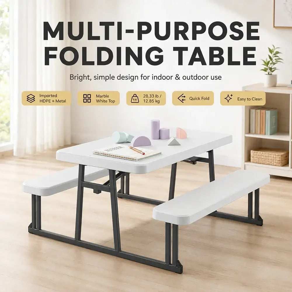 Folding picnic table with benches featuring a white marble top and black metal legs for outdoor use