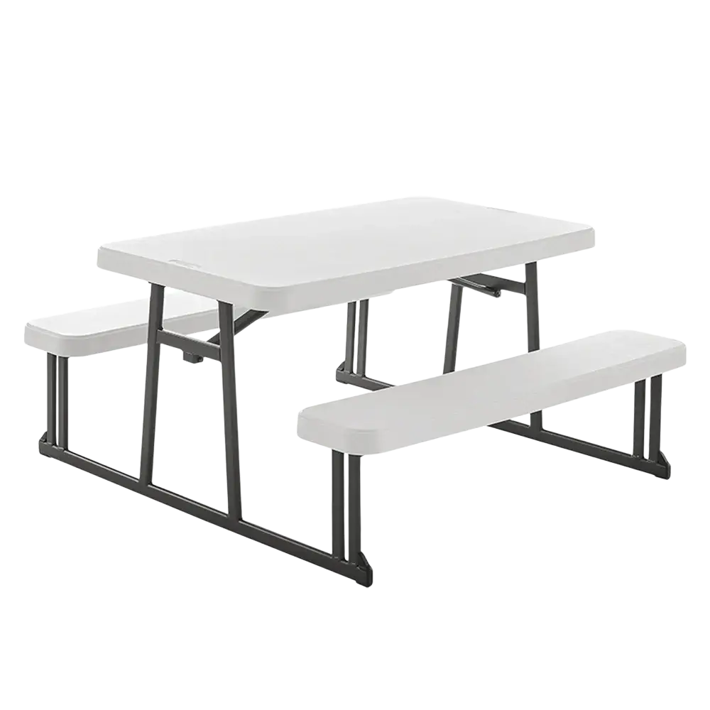 Folding picnic table with benches in white plastic top and black metal frame featuring attached seating