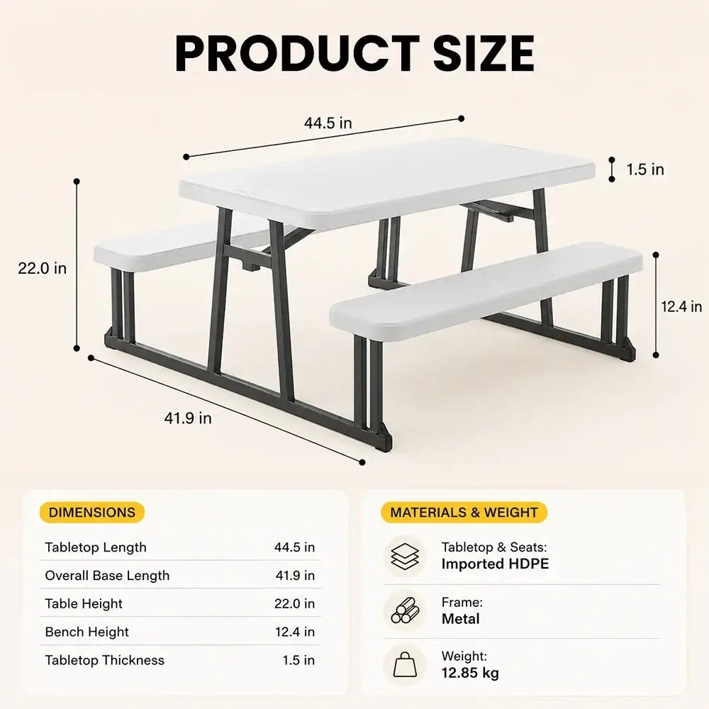 Folding picnic table with benches featuring a white plastic top and attached benches with black metal frame