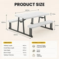 Folding picnic table with benches featuring a white plastic top and attached benches with black metal frame