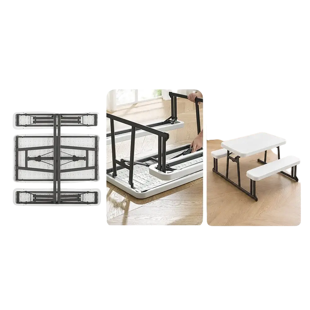 White plastic folding picnic table with benches featuring a black metal frame for outdoor use