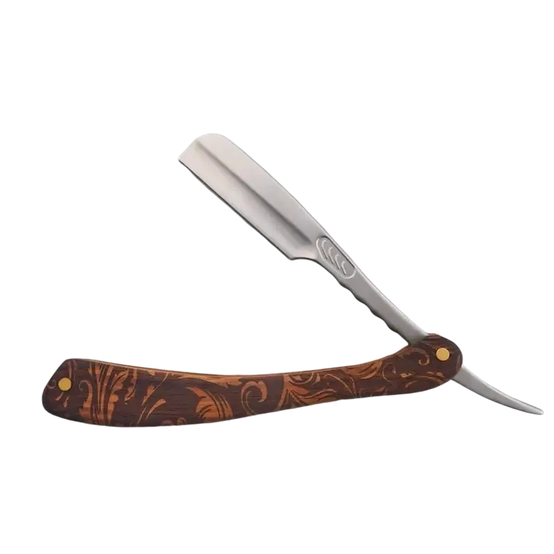 Folding razor with polished stainless steel blade and ornate brown wooden handle with intricate orange swirl patterns