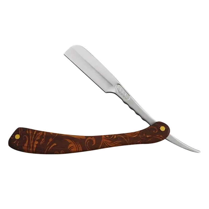Folding razor with a polished silver blade and ornate brown wooden handle featuring intricate swirling patterns