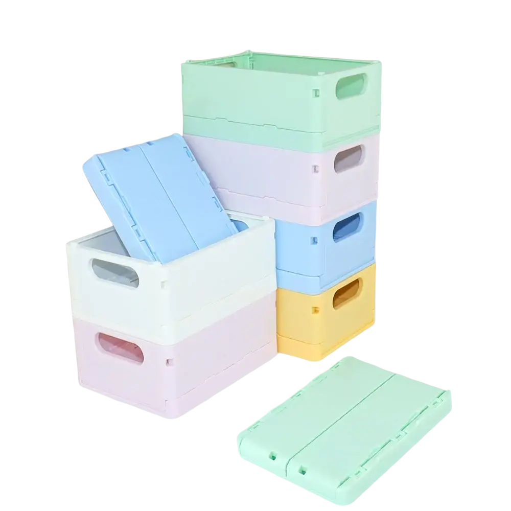 Folding storage boxes in pastel plastic colors mint green light blue white and yellow ideal as desktop organizer baskets
