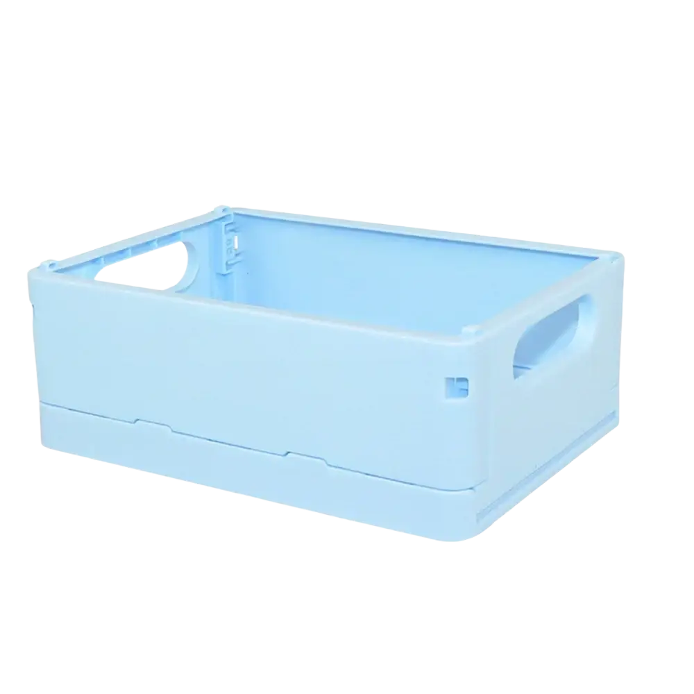 Light blue plastic folding storage boxes with integrated handles for desktop organization and storage boxes basket use