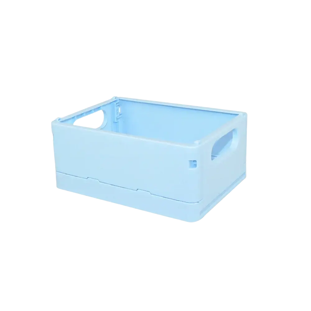 Light blue foldable plastic storage boxes basket with integrated handles for desktop organization